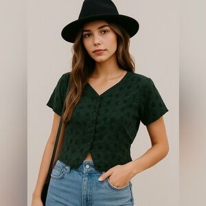 Vintage Bila of California Green Embroidered Button Down Blouse Boho Top S